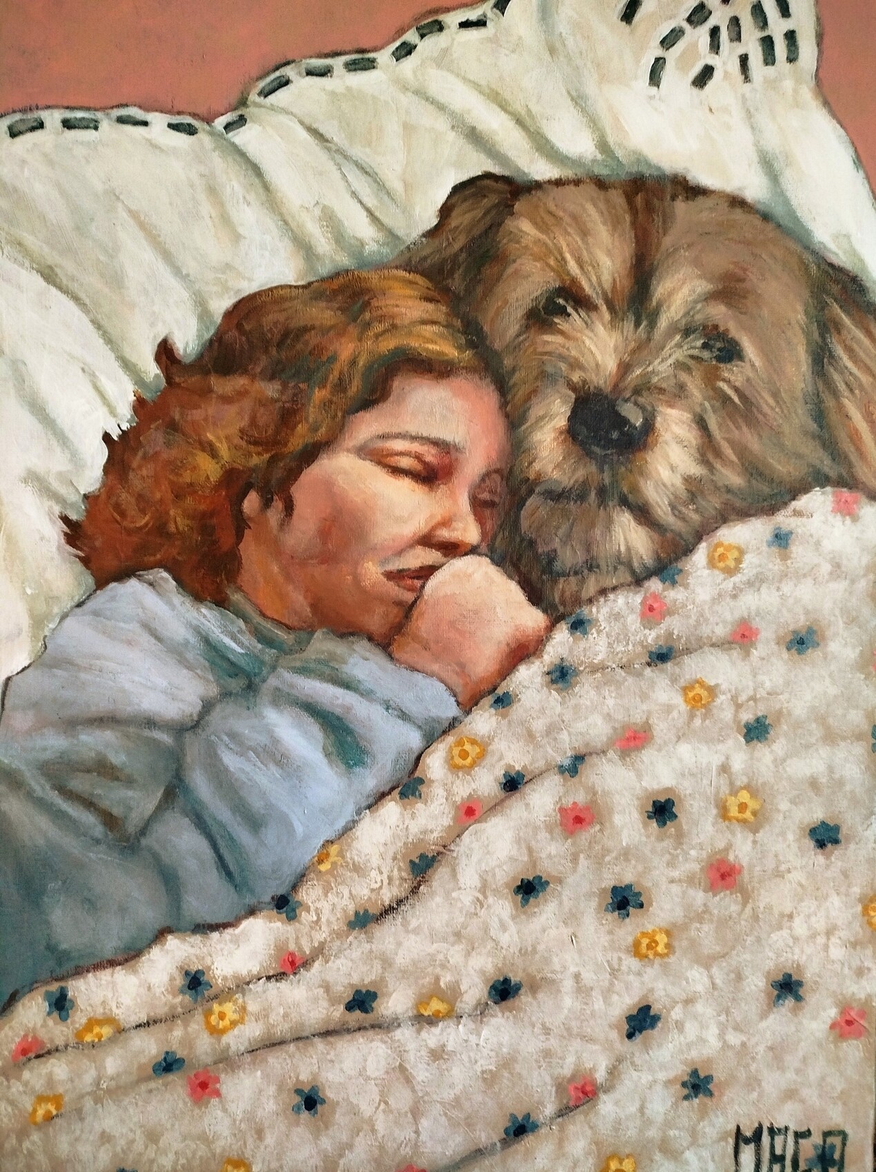 Enfant endormie avec un chien, peinture de Magali Roux-Roche