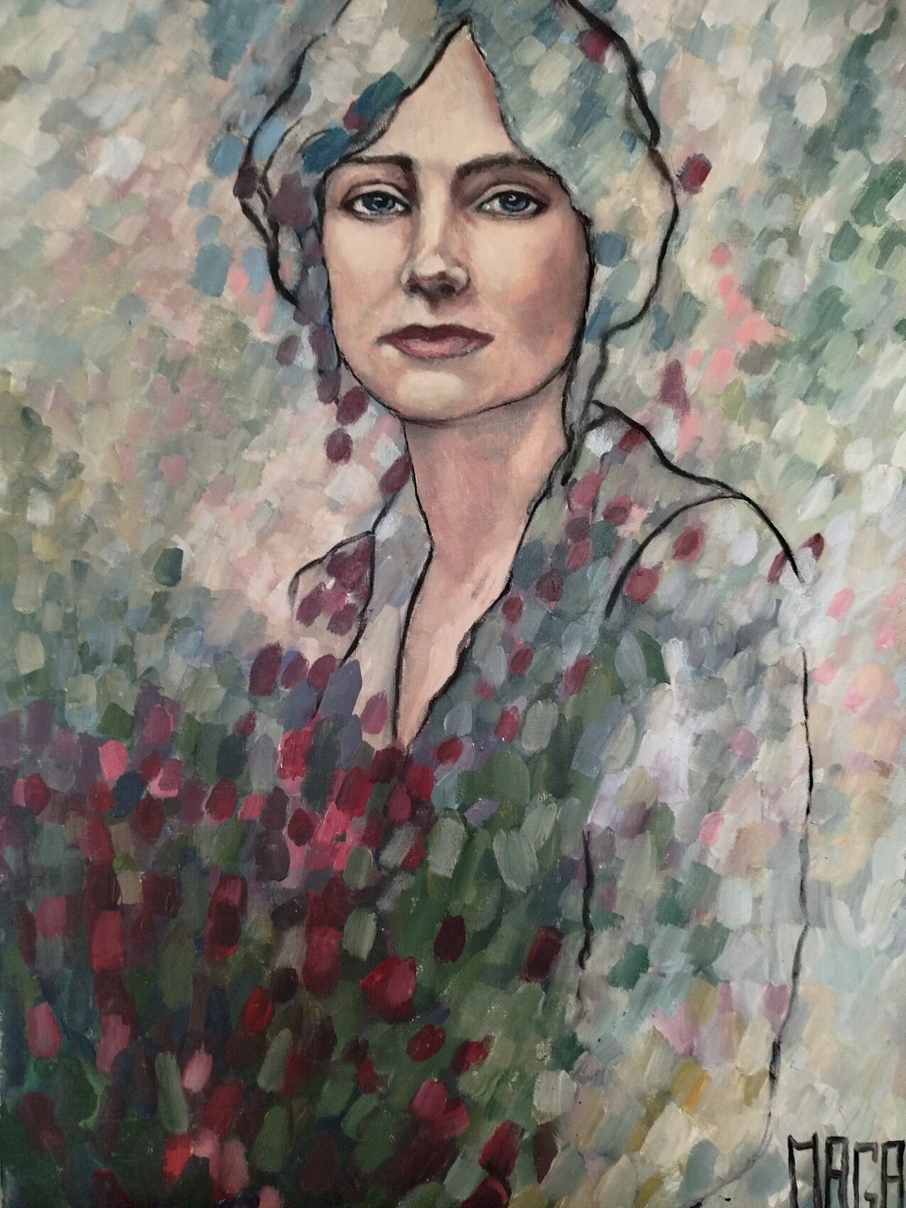 Portrait de femme entourée de motifs floraux, peinture de Magali Roux-Roche