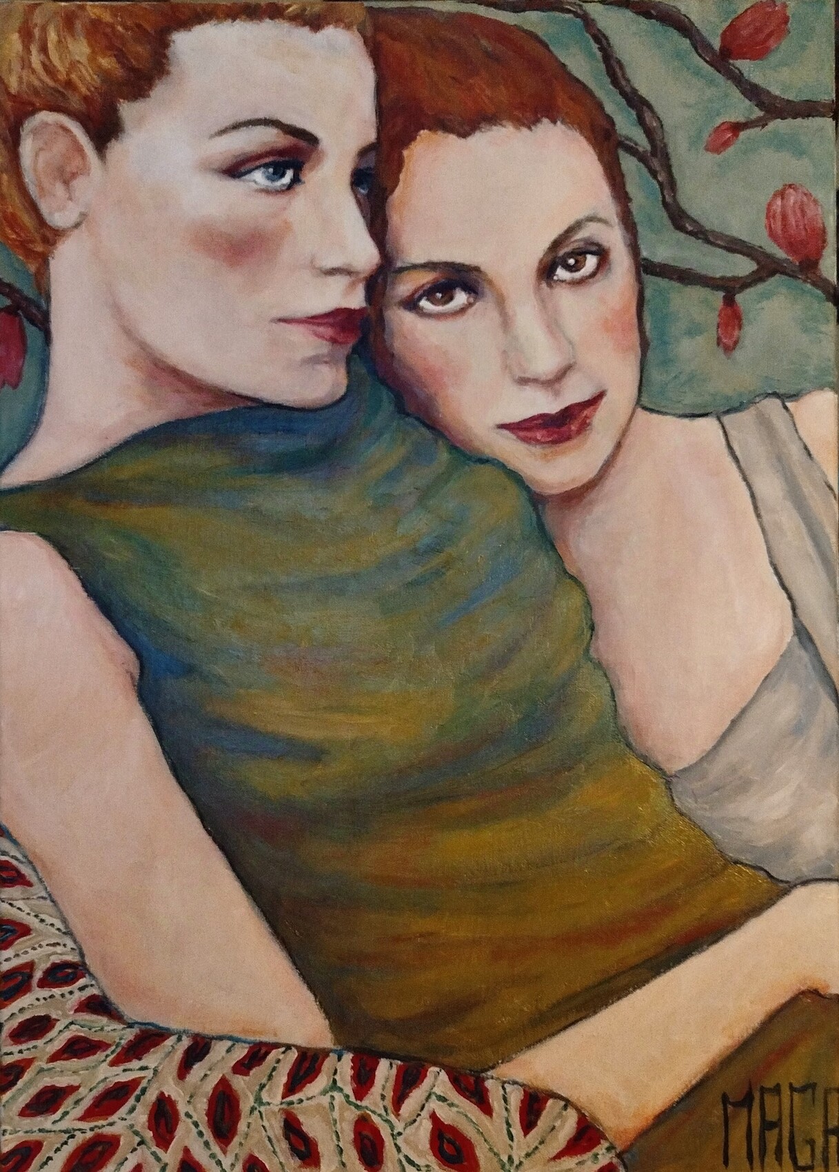 Double portrait de femmes avec tulipes rouges, peinture de Magali Roux-Roche