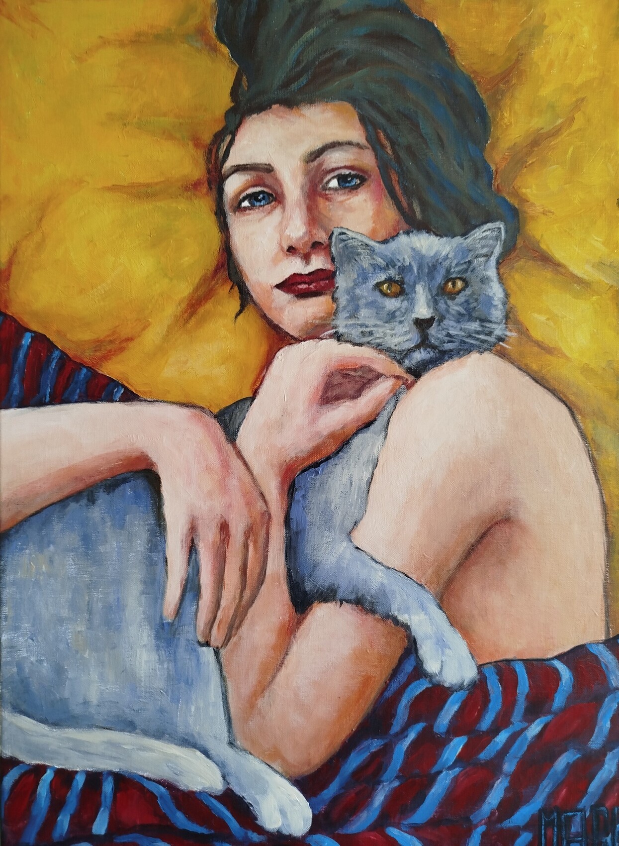 Femme tenant un chat gris, peinture de Magali Roux-Roche