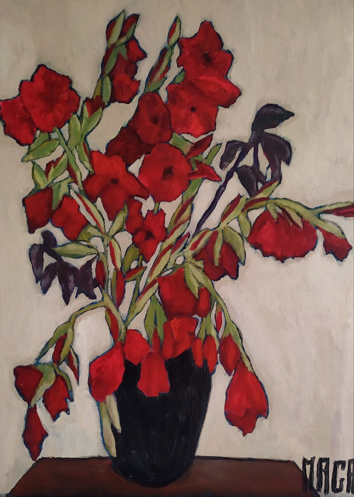 Bouquet de fleurs rouges dans un vase sombre, peinture de Magali Roux-Roche