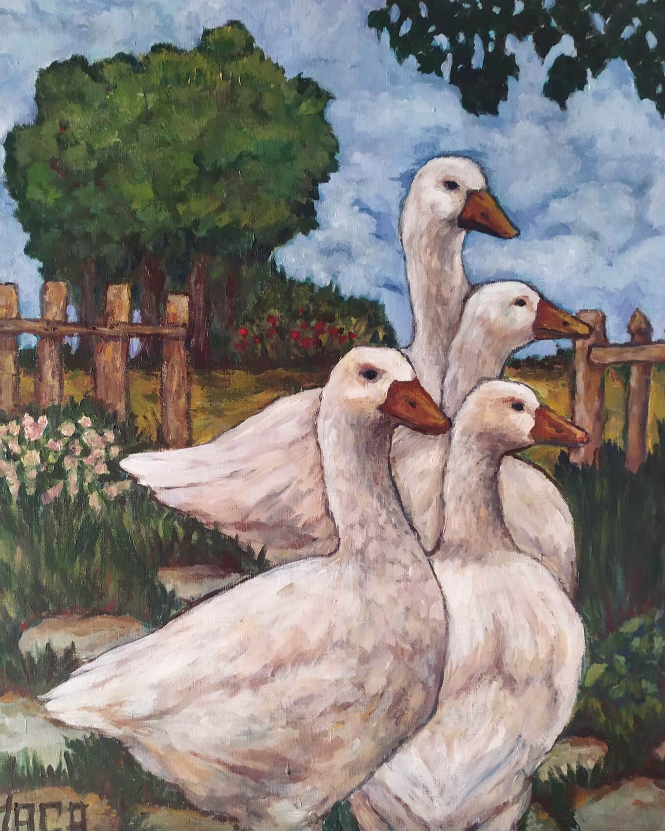 Quatre oies blanches dans un jardin, peinture de Magali Roux-Roche