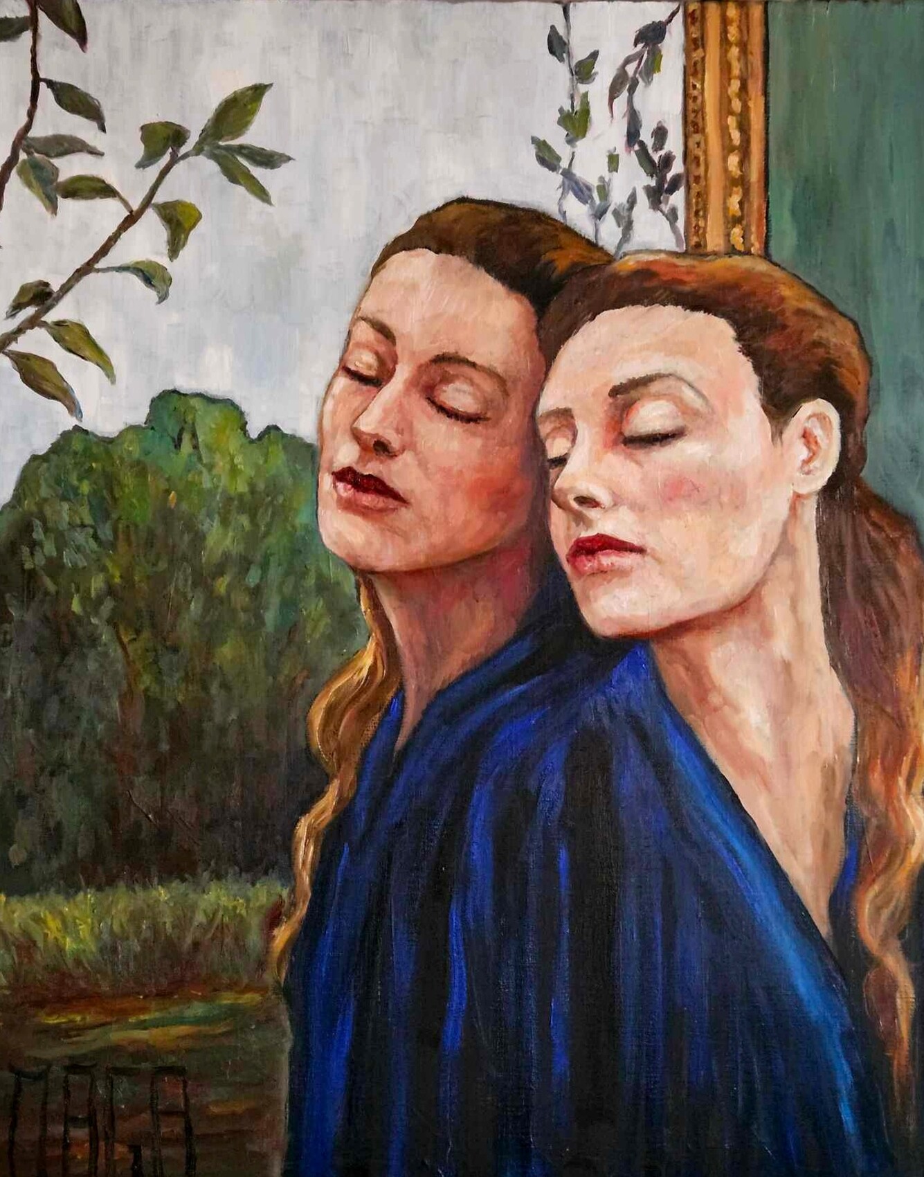 Double portrait de femmes aux yeux clos près d’une plante, peinture de Magali Roux-Roche