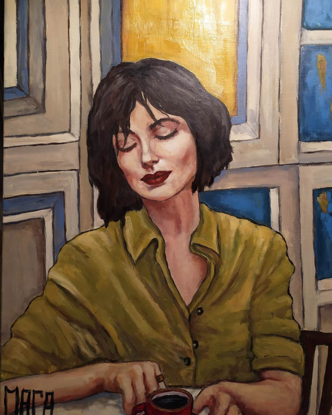 Femme assise avec une tasse de café, peinture de Magali Roux-Roche