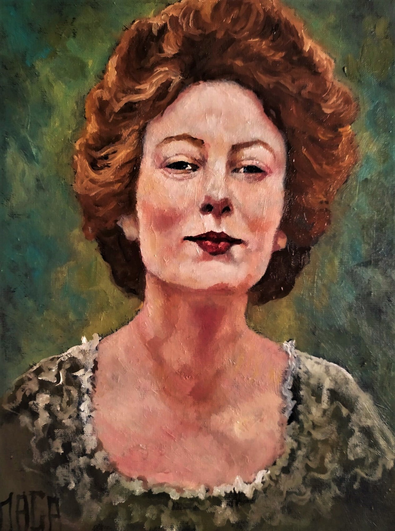 Portrait de femme rousse sur fond vert, peinture de Magali Roux-Roche