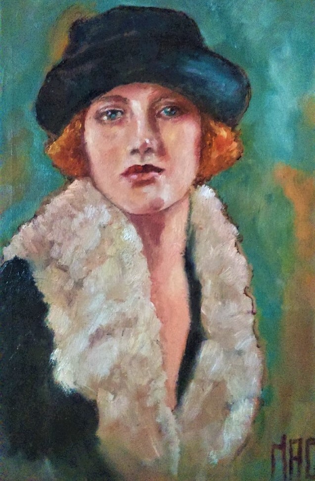 Portrait de femme au chapeau noir et col clair, peinture de Magali Roux-Roche