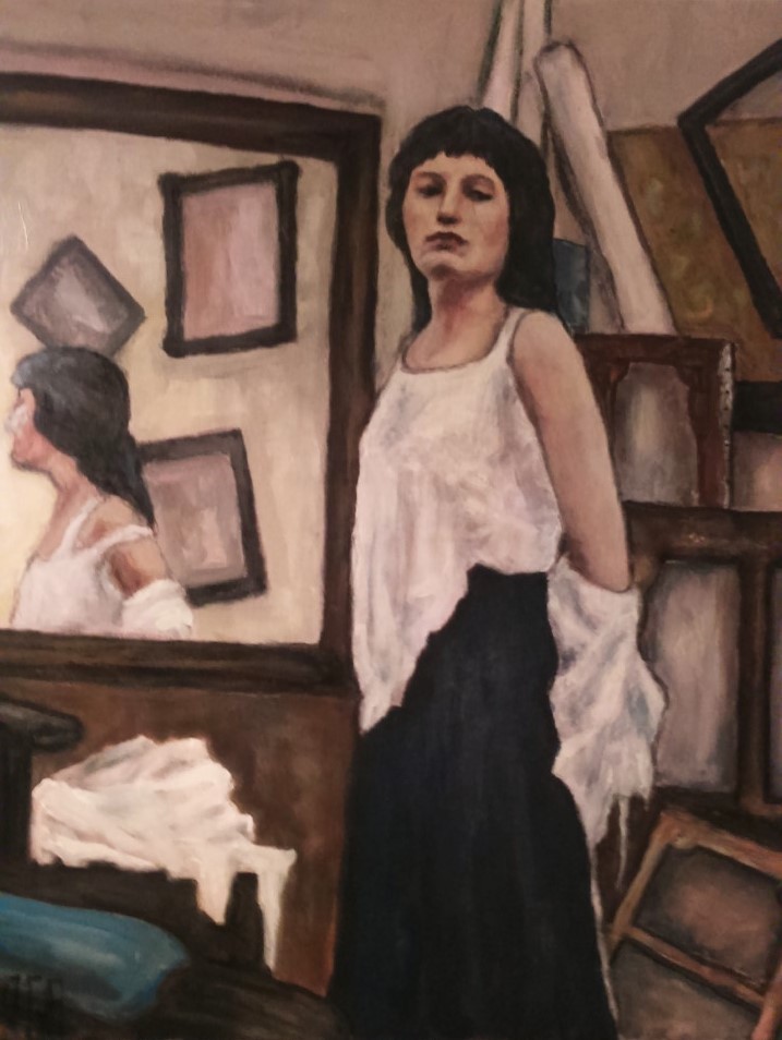 Femme debout dans un atelier avec miroir, peinture de Magali Roux-Roche