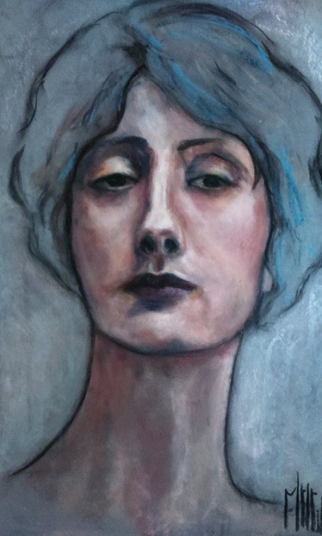 Portrait de femme aux tons bleus et gris, peinture de Magali Roux-Roche