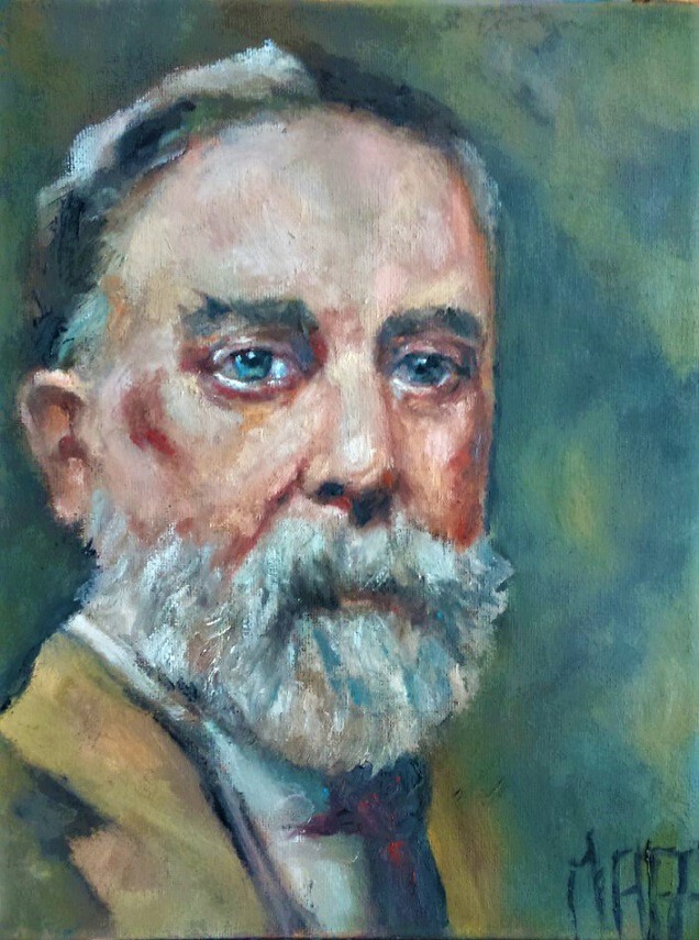 Portrait d’homme barbu sur fond vert, peinture de Magali Roux-Roche