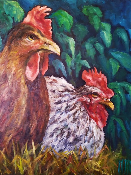 Deux poules dans un décor végétal, peinture de Magali Roux-Roche
