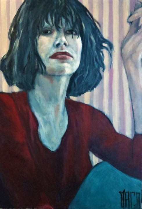 Portrait de femme aux tons bleus et rouges, peinture de Magali Roux-Roche
