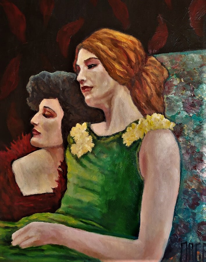 Double portrait de femmes aux robes verte et rouge, peinture de Magali Roux-Roche